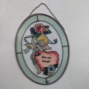 Vtg 1992 You Are Loved Angel Floral Sun Catcher Window Wall Hanging